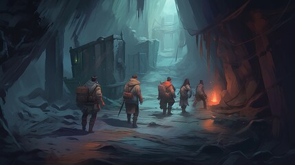 Wall Mural - A group of adventurers exploring a dungeon. Fantasy concept , Illustration painting. Generative AI
