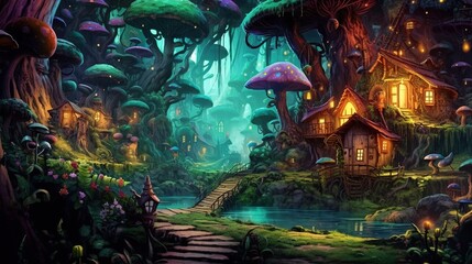 Sticker - A forest with a hidden fairy village. Fantasy concept , Illustration painting. Generative AI