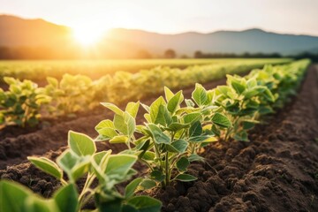 Canvas Print - picturesque sunset over a field of lush green plants Generative AI