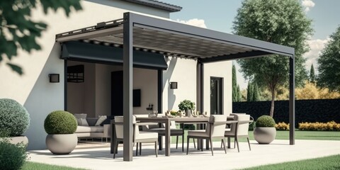 Wall Mural - Modern design of home patio deck with garden view Generative AI