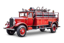 Illustration Of The Vintage Red Fire Truck On White Background, AI Generated Image.