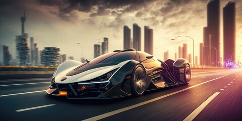 Wall Mural - Futuristic electric car, super car driving on city highway road with motion blur. distinct generative AI image.