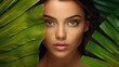Gorgeous woman with greenery on her body and face. girl's face in closeup with a green leaf. Beautiful girl wearing brown cosmetics and a skin care and beauty treatment idea. GENERATE AI..