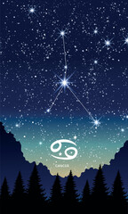 Wall Mural - cancer zodiac sign, horoscope constellation in the night sky, landscape vertical template for storie