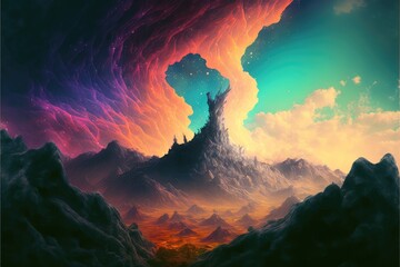 Wall Mural - utopian dreamland landscape with sky of colorful nebula. distinct generative ai image.