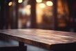 Creative mock concept. Empty wooden table top in front of restaurant cafe in retro style blurred bokeh background. Template for product presentation display.