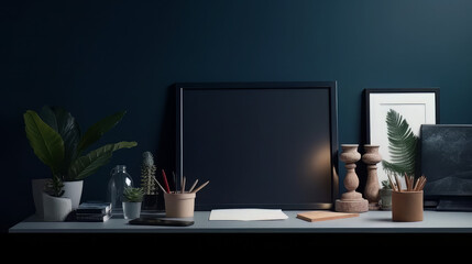 Creative desk with a blank picture frame or poster, desk objects, office supplies, books, and plant on a dark blue background