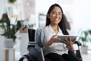 Happy, portrait and woman with a disability and a tablet for communication and graphic design. Smile, creative and a website designer in a wheelchair with technology for web and software analysis