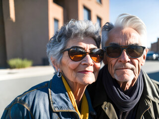 Smiling senior couple with grey hair in sunglasses with modern clothes walking at the city enjoying the retirement together. Generative Ai.