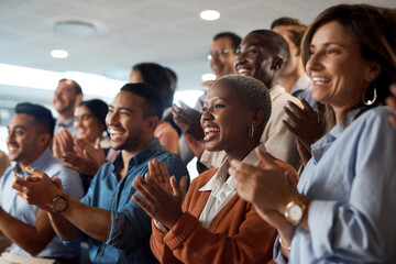 Applause, support and motivation with a business team clapping as an audience at a conference or seminar. Meeting, wow and award with a group of colleagues or employees cheering on an achievement