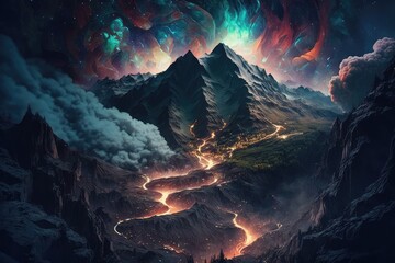 Wall Mural - mountain landscape at night with star in the sky. distinct generative ai image.