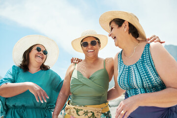 Happy, friends and senior women on a vacation, adventure or weekend trip together in paradise. Travel, fun and group of elderly females laughing, talking and bonding on a retirement tropical holiday.