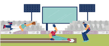 Sport Stadium Field With Baseball Players Catching Ball, Vector Illustration.
