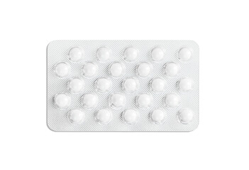 Packaging for drugs. White blister with pills and capsules isolated on white background