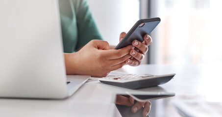 Aufkleber - Social media, work and hands with a phone at a desk for communication, typing and email check. Accounting, contact and an accountant with a mobile for an investment app, connectivity and business