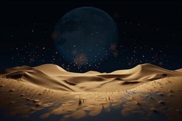 Wall Mural - Abstract sand dunes landscape with moon at night. 3D modern art mural wallpaper with matte dark blue background. Dark landscape with stars and moon. Minimalistic style. Generative AI