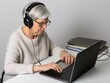 Elderly senior gray haired lady working on a laptop, IT support, AI generative