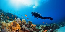 Scuba Diving In Tropical Ocean Coral Reef Sea Under Water, Scuba Diver, Diver, Swim, Caribbean, Fiji, Maldives, Snorkel, Marine Life, Aquatic, Aqua Blue, Dive, Travel, Tourism Generative AI.