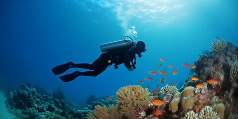 scuba diving in tropical ocean coral reef sea under water, scuba diver, diver, swim, caribbean, fiji, maldives, snorkel, marine life, aquatic, aqua blue, dive, travel, tourism Generative AI technology