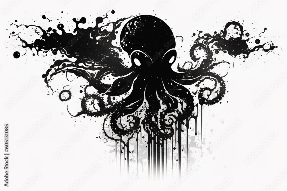 Image of a octopus drawing using a brush and black ink on white ...