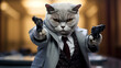 © Anderson Piza - A gray cat in a spy suit holds two pistols in his paws and points straight ahead with a serious expression. .Generative AI