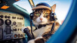 © Anderson Piza - A cat dressed as a pilot, sitting in the cockpit of an airplane holding a steering wheel with his paw .Generative AI