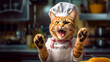 © Anderson Piza - Cooking cat in a cooking contest interview meowing at the camera. .Generative AI