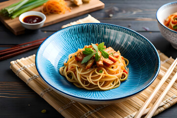 Vibrant colours converge on a Chinese restaurant plate, showcasing a harmonious medley of noodles, rice, and fish—a symphony of taste and texture