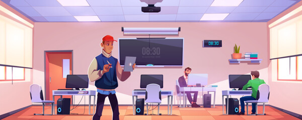 School computer education class room with teacher and student vector background illustration. College digital classroom with desk, chair, pc, blackboard screen and projector for study and training