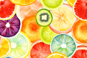 Pattern of lemons, oranges, kiwis and other fruits slices background. Colorful fresh fruit mix for a summer vibes banner with watercolor style. Generative AI Illustration.