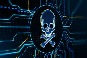 Wall Mural - Abstract digital skull hologram on blurry wallpaper. Hacking, malware and crime concept. 3D Rendering.