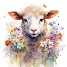 Cute Sheep Among The Flowers In A Watercolor Style, On A White Background