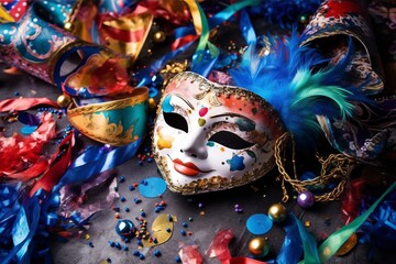 Wall Mural - Featuring Venetian Carnival Mask alongside other carnival-themed props, such as confetti, streamers, and party hats. Concept for festive event promotions. Generative AI