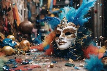 Wall Mural - Featuring Venetian Carnival Mask alongside other carnival-themed props, such as confetti, streamers, and party hats. Concept for festive event promotions. Generative AI
