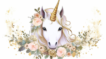 Wall Mural - Cute unicorn graphics with flower wreath and golden. 