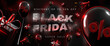 © witsanu - Black friday sale banner background with realistic gift box and balloons with megaphone on light effect and bokeh. Luxury style design concept. 3d vector illustration.