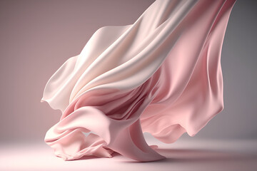 Beautiful light pastel pink silk cloth floating flying in the air. With copy text space. Mock up template for product presentation. 3D rendering. 	