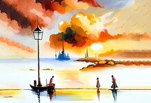 Watercolor Painting Of A Couple On A Boat In Venice, Italy (Ai Generated)