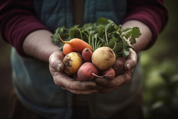 Poster - A vibrant image capturing a farmer's hands holding fresh, organic vegetables, with a blurred backdrop of the farm, representing sustainable agriculture and farm-to-table concept.