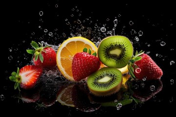 Wall Mural - Fresh Fruits With Splash on Black Background. Generative Ai