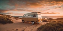 A Retro Camper Van, Auto Travelling Concept. Adventure, Off-grid Living, Hippie Culture Theme. Australian Landscapes. AI Generated Image.	