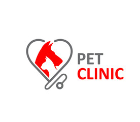 Wall Mural - Pet clinic icon with vector dog and cat animal heads in heart frame of veterinarian stethoscope. Pet care and veterinary medicine isolated red symbol for vet hospital and animal care clinic