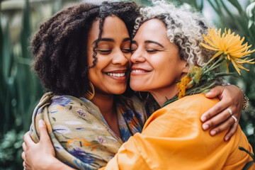 Wall Mural - Diverse women embracing their natural bodies. Group of multiethnic women hugging and supporting each other. Generative AI