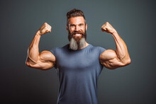 Sports Nerd With Huge Muscle Arms Isolated On Gray Background. Man With Muscles Holding Fists In The Air. Generative AI