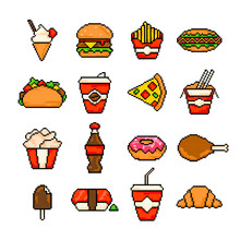Fast Food Pixel Art Icons Set, Fast Restaurant Pixelated Elements Burger, Hot Dog, Taco, Ice Cream, Pizza, Coffee.