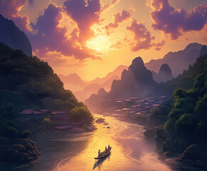 Wall Mural - sunset in the mountains over the river. generative ai.