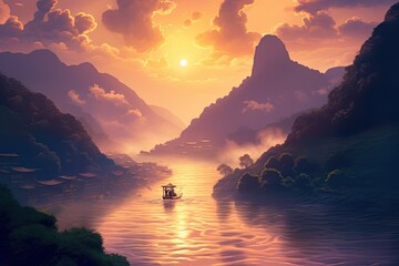 Wall Mural - sunset in the mountains over the river. generative ai.
