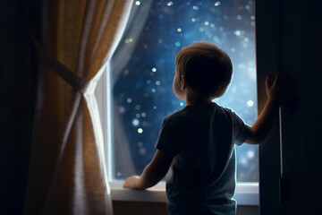 back view of a little boy is standing near the window and looking outside imagining boundless space 