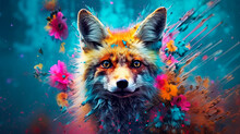 Close-up Portrait Of A Red Fox In Fantasy Background. Wildlife Animals. Generative AI.