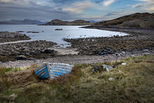 Abandoned Wooden Fishing Boat. Blue Rowboat. Firemore. Loch Ewe. Poolewe. Gairloch. Scottish Highlands. Westcoast Scotland. Am Faithir Mor. The Big Shore Land. Bay.